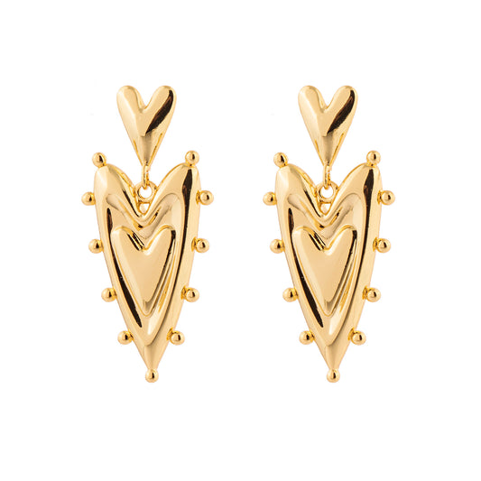 Brinco Coração Duplo Liso com Entorno Esferas Dourado