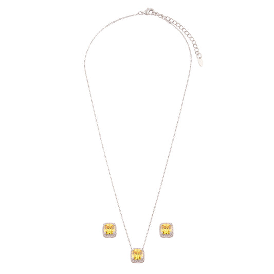 Conjunto Colar e Brinco Pedra Amarela com Entorno Cravejado Prateado