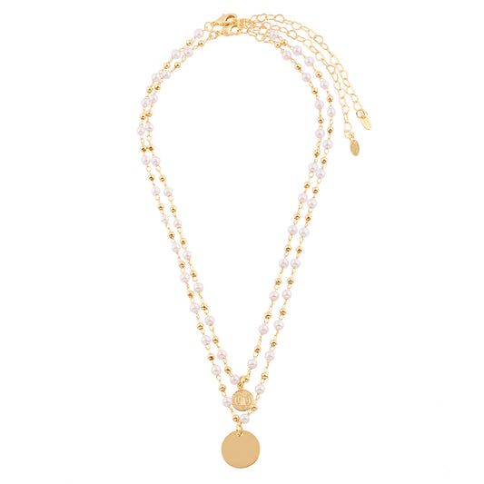 Colar Duplo de Pérolas e Esferas com Medalha São Bento e Medalha Lisa Dourado