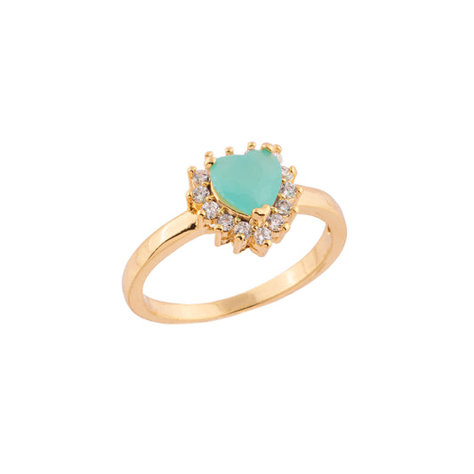 Anel Coração Pedra Aqua Entorno Cravejado Dourado
