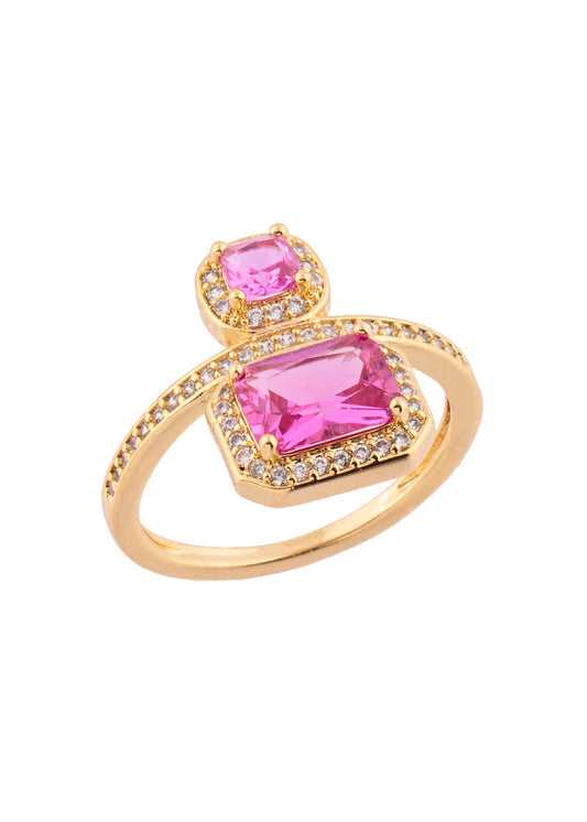 Anel Pedras Rosas Duplas com Entorno Cravejado Dourado