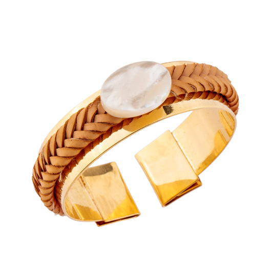 Pulseira Bracelete Trança Caramelo e Madrepérola Dourado