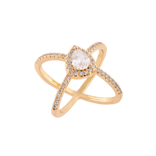 Anel X Cravejado Gota Cristal Dourado