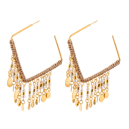 Brinco Argola Quadrada com Macramê e Cristais Dourado