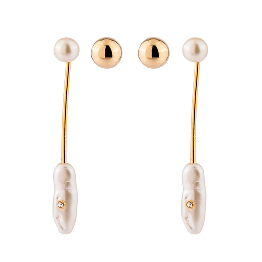 Brinco Dupla Esfera Lisa e Pendurado Pérola Dourado