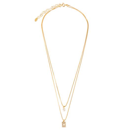 Colar Duplo Retângulo e Ponto de Luz Coração Dourado