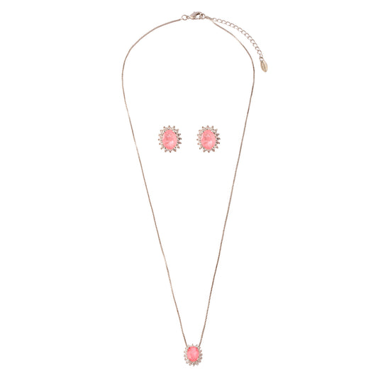 Conjunto Colar e Brinco Oval Rosa Morganita Prateado