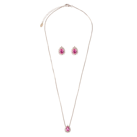 Conjunto Colar e Brinco Gota Rosa Prateado