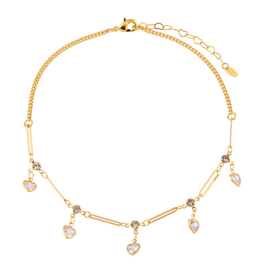 Colar Infantil Corrente Elos e Corações Cristais Dourado