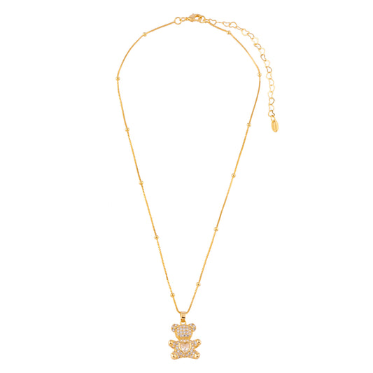 Colar Infantil Corrente Bolinhas e Urso Cravejado Dourado