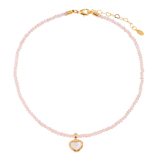 Colar Infantil Cristal Rosa com Pingente de Coração Madrepérola Dourado