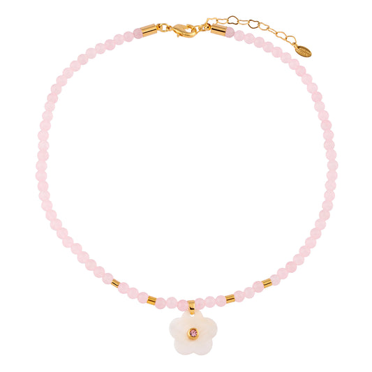Colar Infantil Cristal Rosa com Flor Madrepérola Dourado