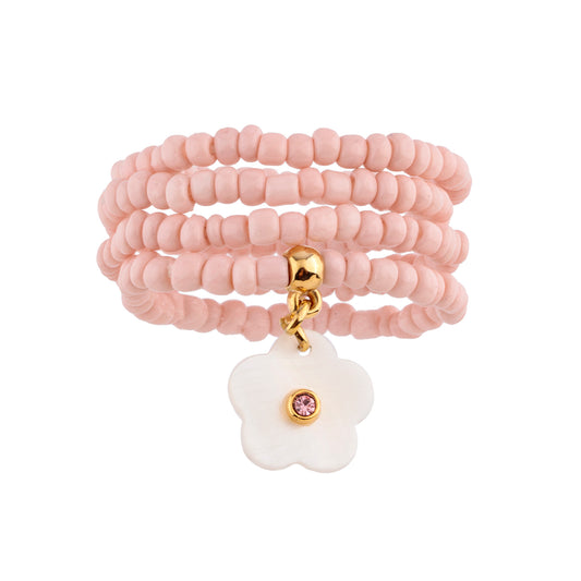 Pulseira Kit Infantil Cristais Rosa com Flor em Madrepérola Dourado