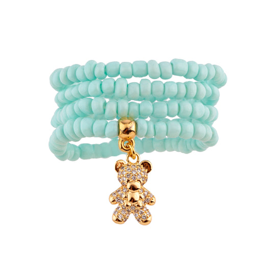 Pulseira Kit Infantil Cristais Azul com Urso Cravejado Dourado