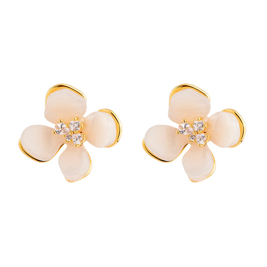 Brinco Flor com Resina Centro Cravejado e Pérola Dourado