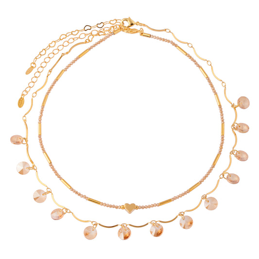 Colar Duplo Choker Coração e Ondas com Cristais Dourado
