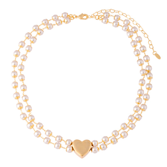 Colar Corrente Dupla Pérolas com Coração Liso Dourado