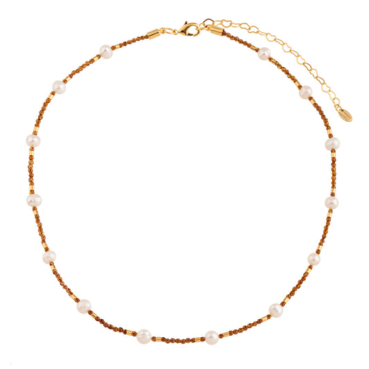 Colar Cristais Marrom com Pérolas Dourado