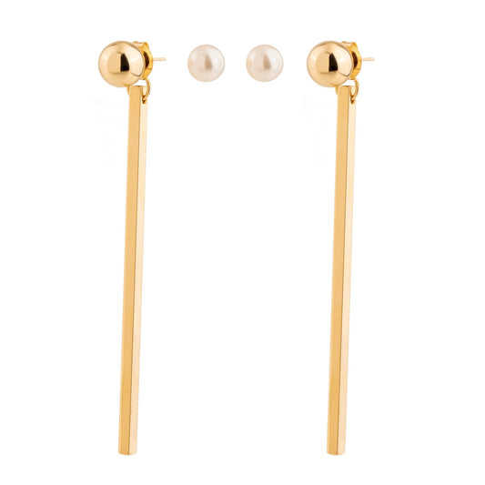 Brinco Dupla Pérola e Esfera com Cano Dourado