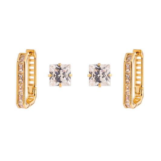 Brinco Dupla Argola e Quadrado Cristal Dourado