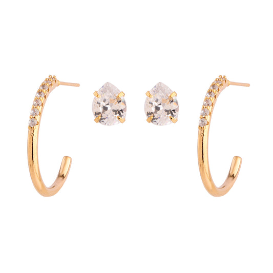 Brinco Dupla Argola Cravejada e Gota Cristal Dourado