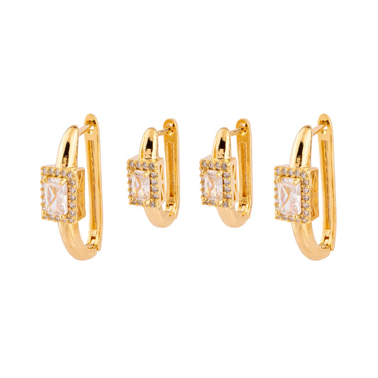 Brinco Dupla Argolas Retangulares Com Detalhe Cristal Dourado