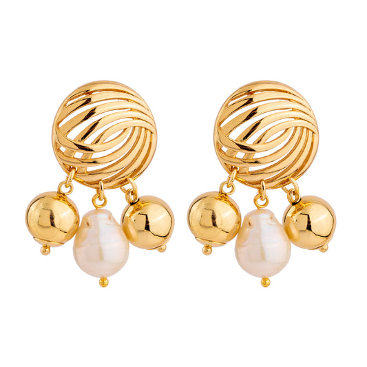 Brinco Redondo Vazado com Pérola e Esferas Dourado