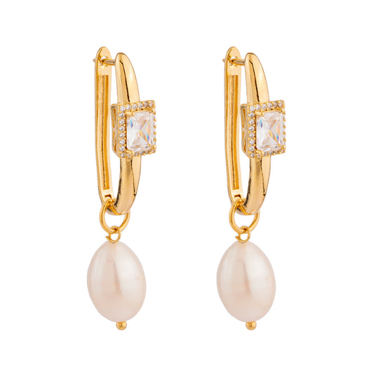 Brinco Argola Retangular com Cravejado e Pérola Dourado