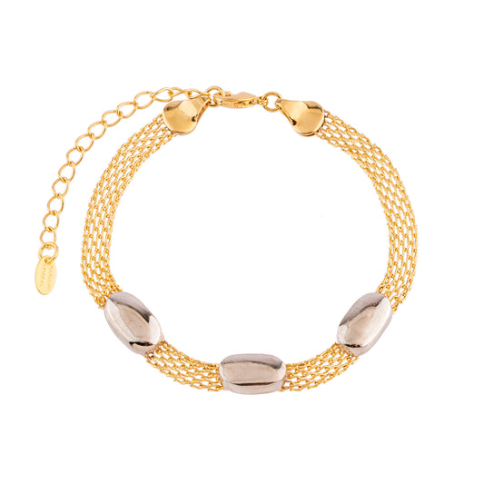 Pulseira Malha Dourada com Ovais Prateados