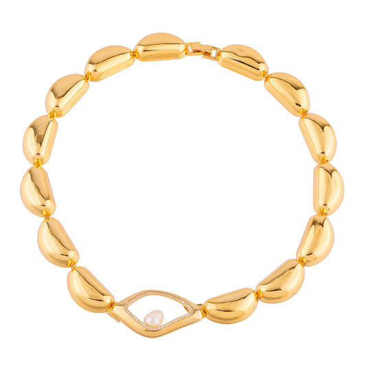 Colar Peças Redondas com Pingente Alongado e Pérola Dourado