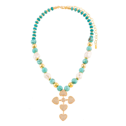 Colar Cristais Turquesa e Crucifixo em Coração Dourado