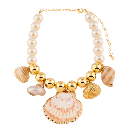 Colar Maxi Pérolas com Conchas e Esferas Dourado