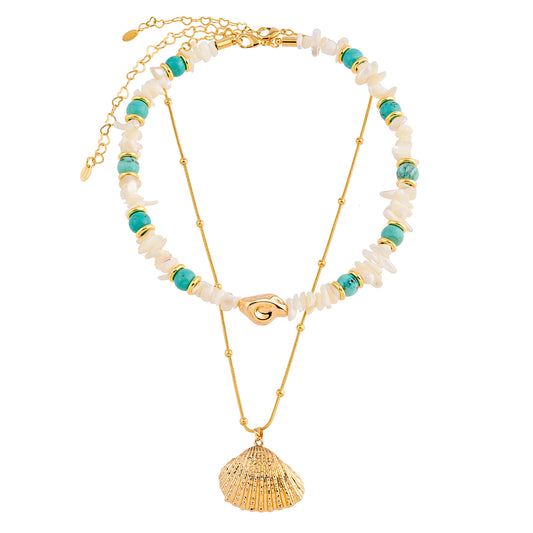 Colar Duplo Pérolas com Turquesa e Concha Dourado
