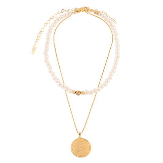 Colar Duplo Choker Pérolas e Medalha Pai Nosso Dourado