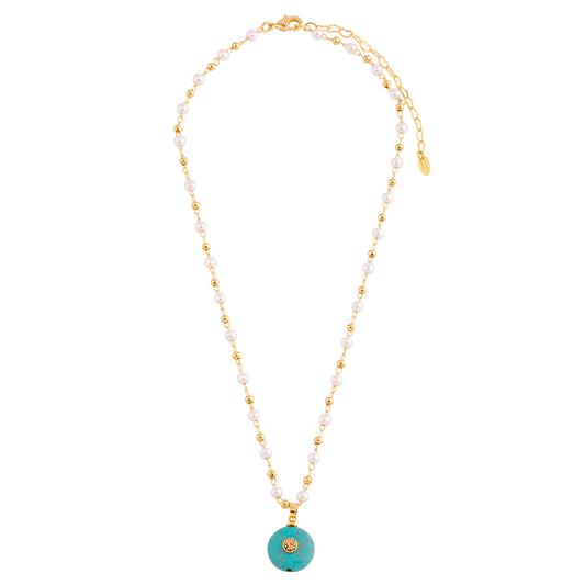 Colar Corrente Pérolas com Oval Turquesa e Cristal Âmbar Dourado