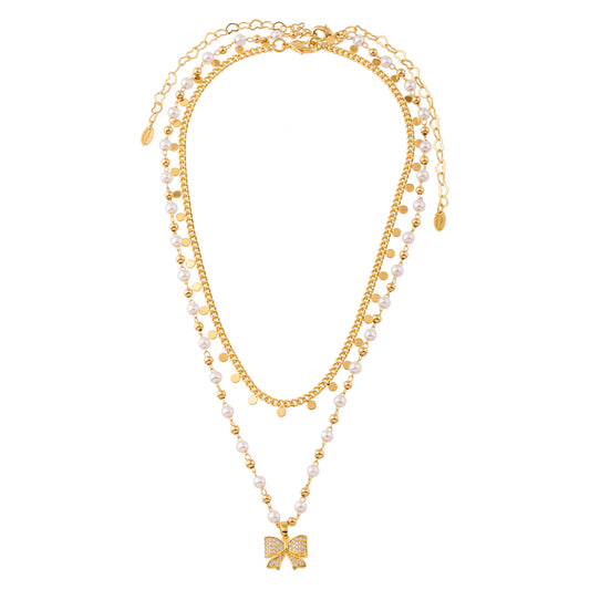 Colar Duplo Choker Medalhinhas e Colar Laço Dourado