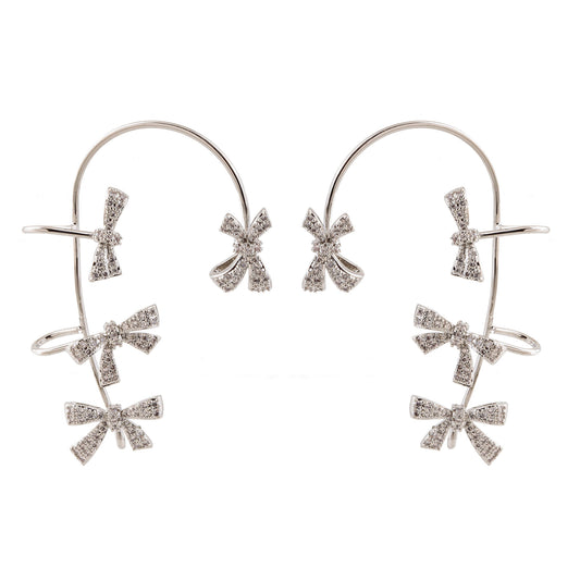 Brinco Envolvente Encaixe Laços Cravejados Dourado e Prateado