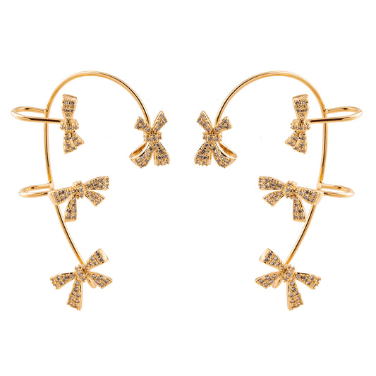 Brinco Envolvente Encaixe Laços Cravejados Dourado e Prateado