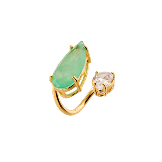 Anel Regulável Gota Esmeralda Colombiana e Gota Cristal Dourado