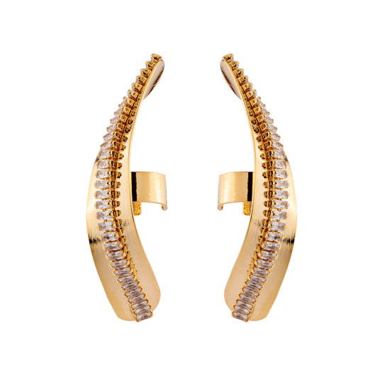 Brinco Ear Cuff Liso Escovado Alongado Cravejado Dourado
