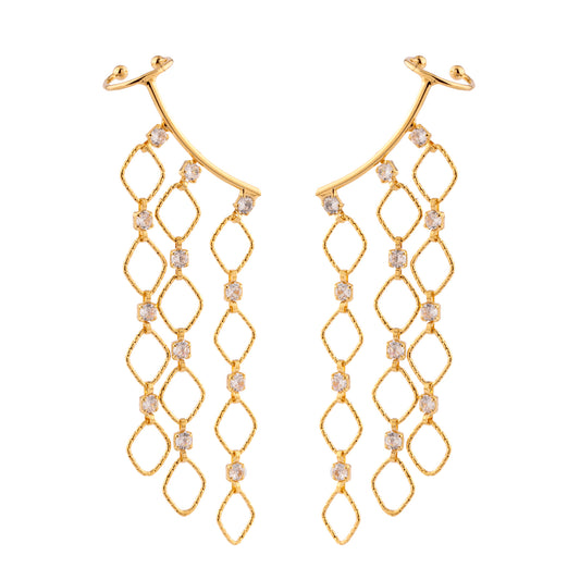 Brinco Ear Cuff com Franja e Cravejados Dourado