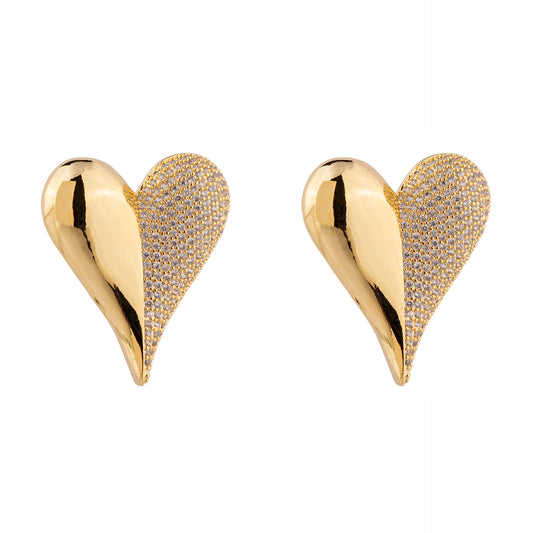 Brinco Coração Lado Cravejado e Liso G Dourado/Prateado