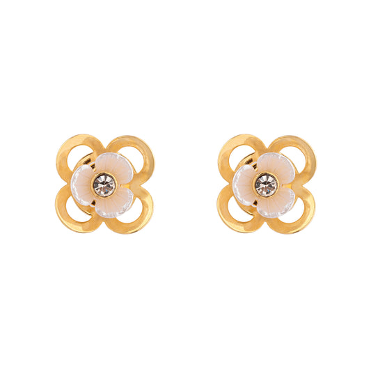 Brinco Flor Contorno Liso e Madrepérola com Cristal Dourado
