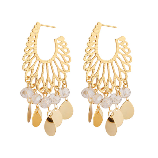 Brinco Argola Trabalhada com Cristais e Gotas Penduradas Dourado