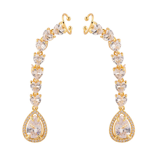 Brinco Ear Cuff Corrente Coração com Gota Cristal Dourado