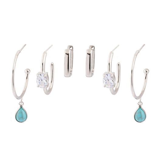 Brinco Trio Argolas Lisa Cristal e Turquesa Prateado