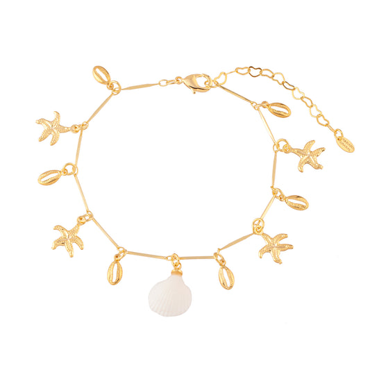 Tornozeleira Elos Estrelas do Mar e Concha Dourado
