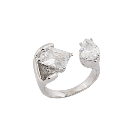 Anel Aberto Cravejado Duplo Prateado