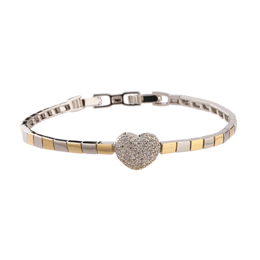 Pulseira Articulada com Coração Cravejado Dourado com Prateado