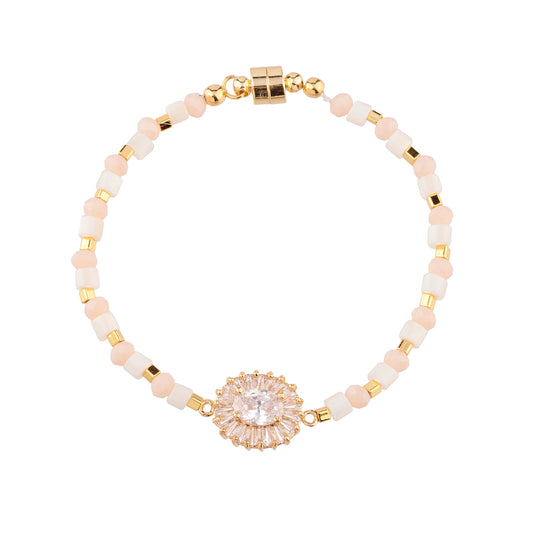 Pulseira Cristais e Canutilhos Rosa ou Verde de Fecho Ímã com Oval Cravejado Dourado